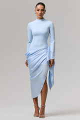 Raffie | Powder Blue Long-Sleeve Midi Dress With Satin Wrap Skirt