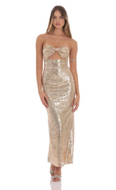 Sequin Bow Cutout Maxi Dress in Gold