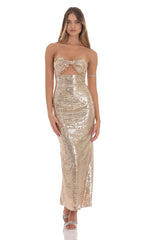 Sequin Bow Cutout Maxi Dress in Gold