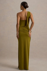 Erminia | Olive Green One-Shoulder Twist Wrap Maxi Dress