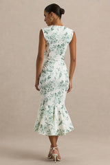 Priceless | Green Porcelain Print Print High-Neck Fishtail Midi Dress