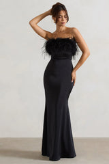 Dress For It | Black Satin Feather Trim Bandeau Maxi Dress
