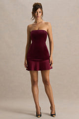 Valentina | Burgundy Bandeau Velvet Mini Dress With Pleated Detailing