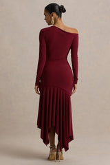 Isola | Burgundy Asymmetric-Neck Midi Dress With Drop-Waist