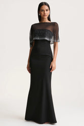 Everly | Black Hand-Embellished Cape-Sleeve Maxi Dress