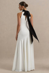 Luscious | White And Black High-Neck Maxi Dress With Drop-Waist And Bow Detail