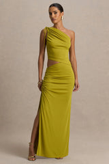 Margie | Green Maxi Skirt With Ruched Detail And Front High Split