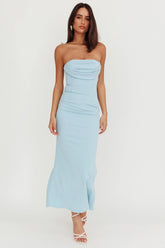 Well Versed Strapless Pleat Bust Maxi Dress Blue