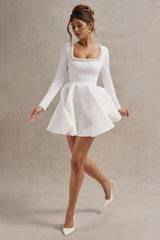 Wilder | White Square-Neck Long-Sleeve Skater Mini Dress