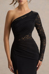Melody | Black Asymmetric-Neck Maxi Dress With Lace Detailing And Front-High Split