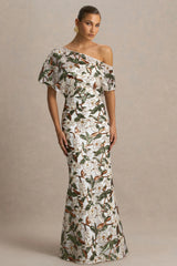 Iony | White And Green Sequin Floral And Mesh Asymmetric-Neck Maxi Dress