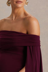 Aquila | Burgundy Bardot Maternity Maxi Dress With Drape Sleeve