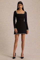 Caia | Black Embellished Square-Neck Mini Dress