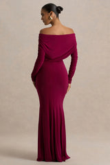 Cilla | Burgundy Bardot-Neck Maxi Dress With Ruched Detailing