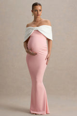 Libra | Pink & White Bow Bardot Maternity Maxi Dress