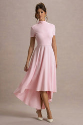 Bellona | Pink High-Neck High-Low Midi Dress