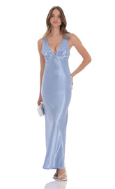 Satin V-Neck Maxi Dress in Sky Blue