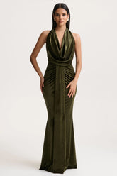 Lavernia | Olive Velvet Halter-Neck Maxi Dress With Gathered-Detailing