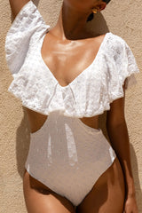Soft Sands | White Broderie Cut-Out Swimsuit With Ruffle Sleeves