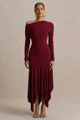 Isola | Burgundy Asymmetric-Neck Midi Dress With Drop-Waist