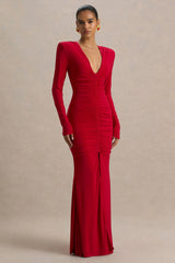 Jewel | Red Plunge-Neck Maxi Dress With Front Split and Ruched Detailing