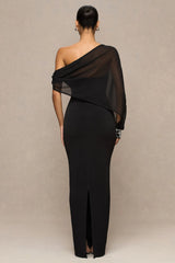 Milania | Black Asymmetric-Neck Maxi Dress With Twist-Sleeve