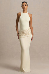 Akari | Champagne High-Neck Maxi Dress With Satin Skirt