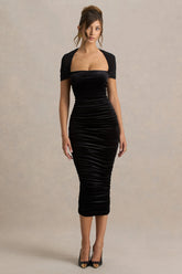 Chrissy | Black Velvet Square-Neck Midi Dress With Mesh-Sleeves And Ruched Detailing