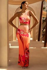 Freya | Pink Ombre Floral Print Asymmetric-Neck Maxi Dress With Body Cut-Outs