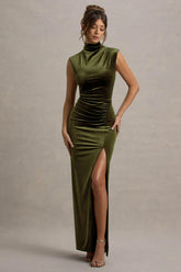 Abilene | Olive Velvet High-Neck Split Maxi Dress