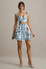 Modella | Blue Porcelain Print Skater Mini Skirt