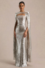 Devora | Silver Sequin Crew-Neck Maxi Dress With Cape Sleeves