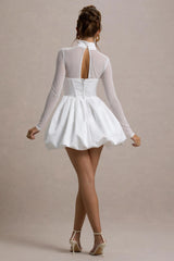 Tinkerbell | White Satin Long-Sleeve Puffball Mini Dress