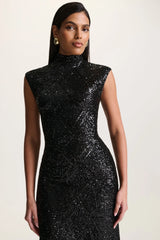 Cecy | Black Sequin High-Neck Maxi Dress With Cap Sleeves