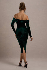 Compliment | Bottle Green Velvet Bardot Midi Dress