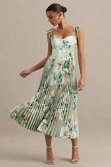 Peyton | Green Floral Print Satin Sweetheart-Neck Midi Dress With Pleated Details
