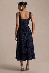 Lima | Navy Sequin Square-Neck A-Line Midi Dress