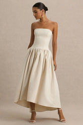 Candice | Cream Bandeau Volume Midi Dress With Back Bow Detail