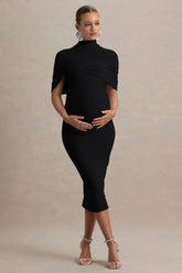 Augustina | Black Maternity Midi Dress With Cape