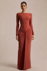 Matilda | Rust Boat-Neck Maxi Dress With Ruched Detailing