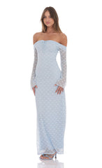 Lace Off Shoulder Maxi Dress in Light Blue