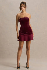 Valentina | Burgundy Bandeau Velvet Mini Dress With Pleated Detailing