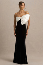 Divulge | Black And White Velvet Asymmetric-Neck Maxi Dress With Bow Detail