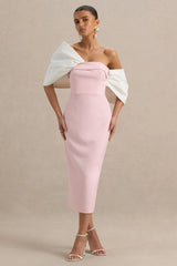Lucille | Rose Pink & White Asymmetric Bardot Midi Dress