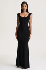 Piper | Black Square-Neck Maxi Dress With Cap-Sleeves
