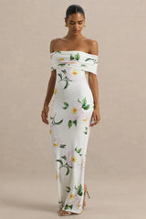 Capri | White Rose Print Bardot-Neck Maxi Dress With Ruched Detailing
