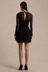 Emmey | Black Crepe And Mesh Square-Neck Mini Dress