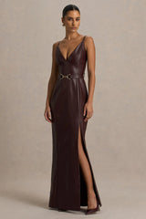Lila | Burgundy Faux Leather Plunge-Neck Maxi Dress With Split