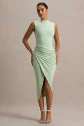 Estella | Light Green Midi Dress With Drape Skirt