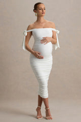 Chandelier | White Bardot Maternity Midi Dress With Bow Details